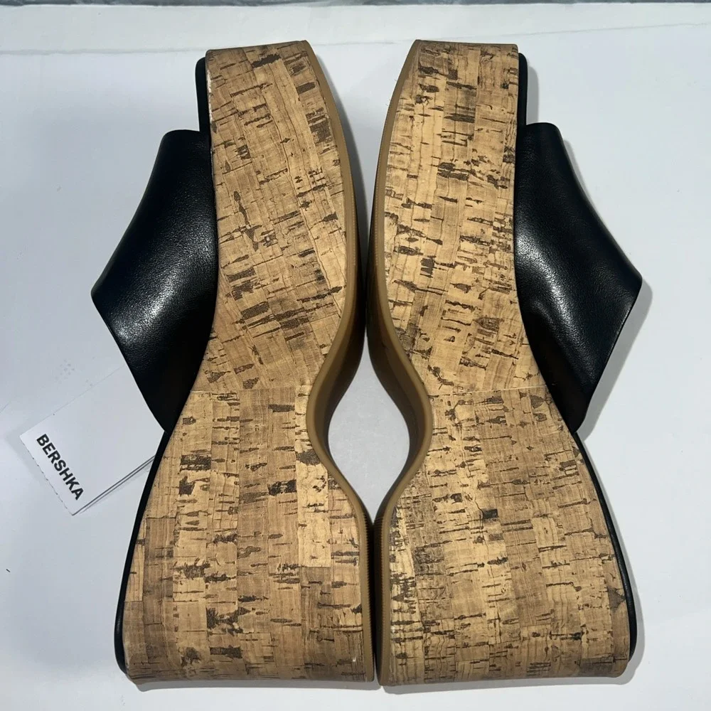 Bershka Chunky Platform Open-Toed Slide Cork Wedge Sandal Size 7.5-New‎
